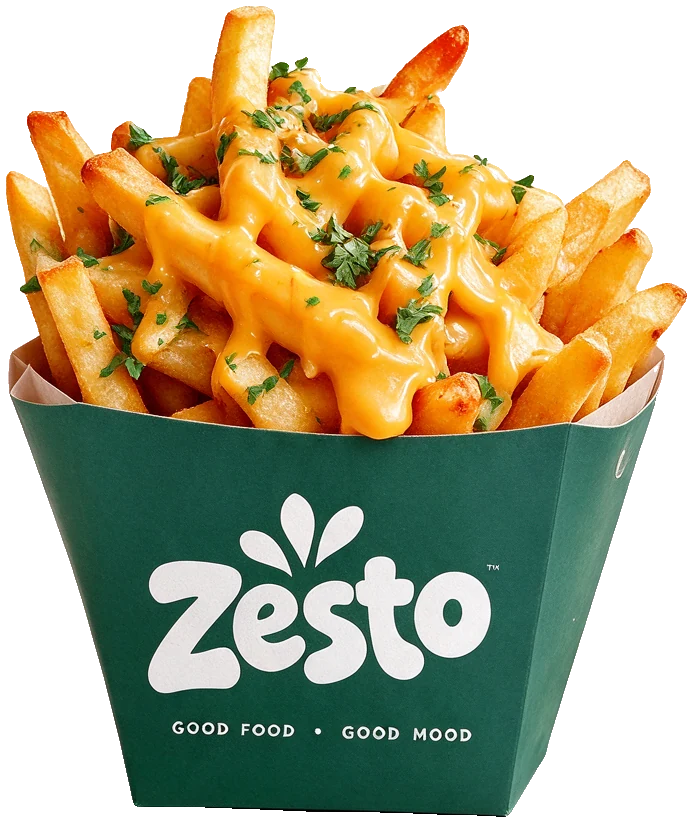 Frites cheddar Zesto dans leur barquette verte
